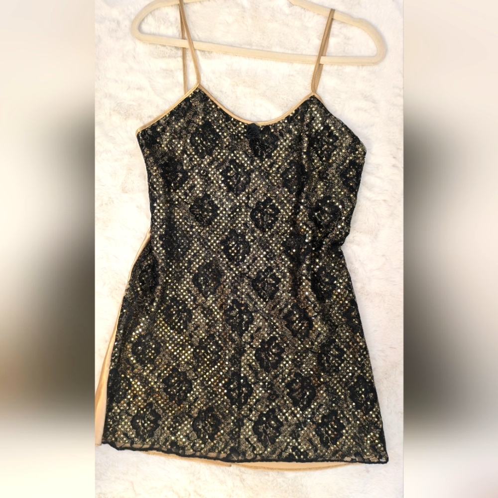 Deadstock Vtg Night Magic Gold Sequin and Lace Slip Dress mini